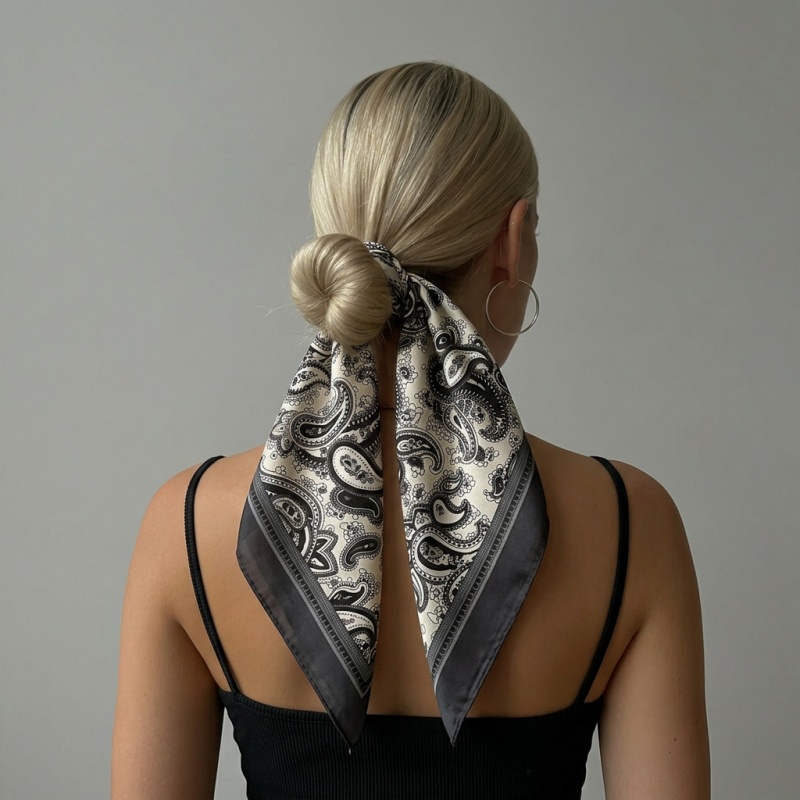 Ascot Neck Scarf - Luxury Satin Square Scarf Paisley Print