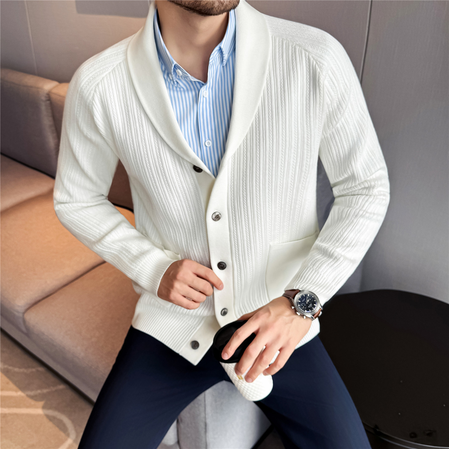 Men's Shawl Collar Knit Cardig - Muffler Men Wool avaliação e preço