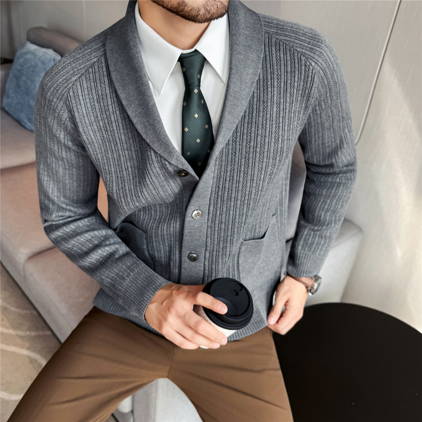 Men's Shawl Collar Knit Cardig - Muffler Men Wool avaliação e preço