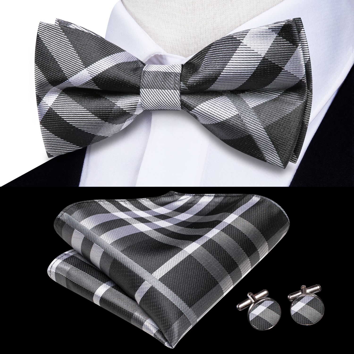 Hi-Tie Grey Plaid Jacquard Sil - Bow Tie Pre Tied avaliação e preço