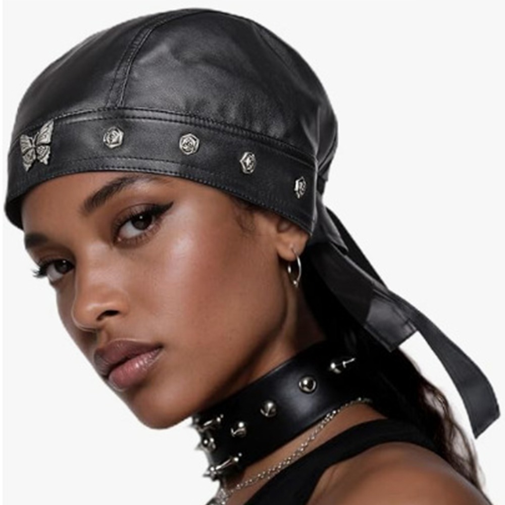 New PU Leather Black Biker Cap - Bandana Doo Rag avaliação e preço
