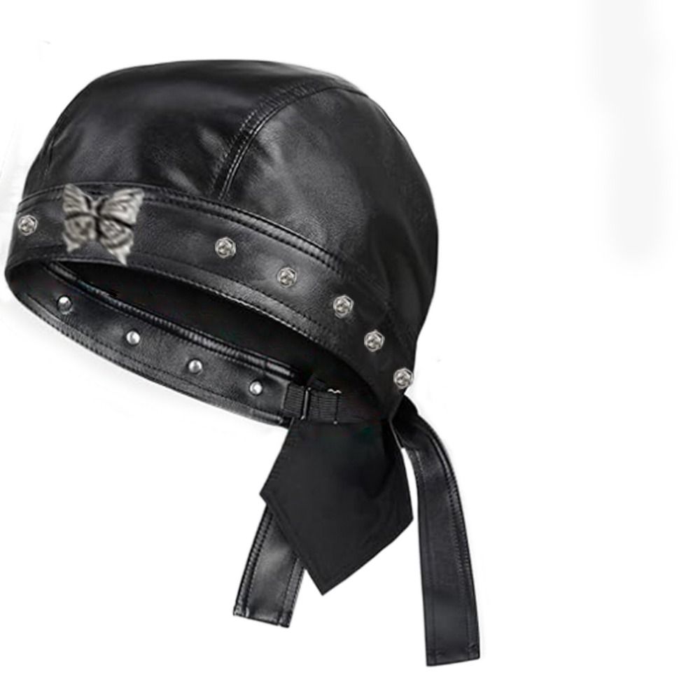 New PU Leather Black Biker Cap - Bandana Doo Rag avaliação e preço